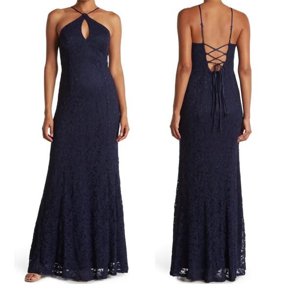 bebe Dresses & Skirts - NWOT Bebe Halter Neck Lace-Up Back Lace Trumpet Gown in Navy, Size 14
